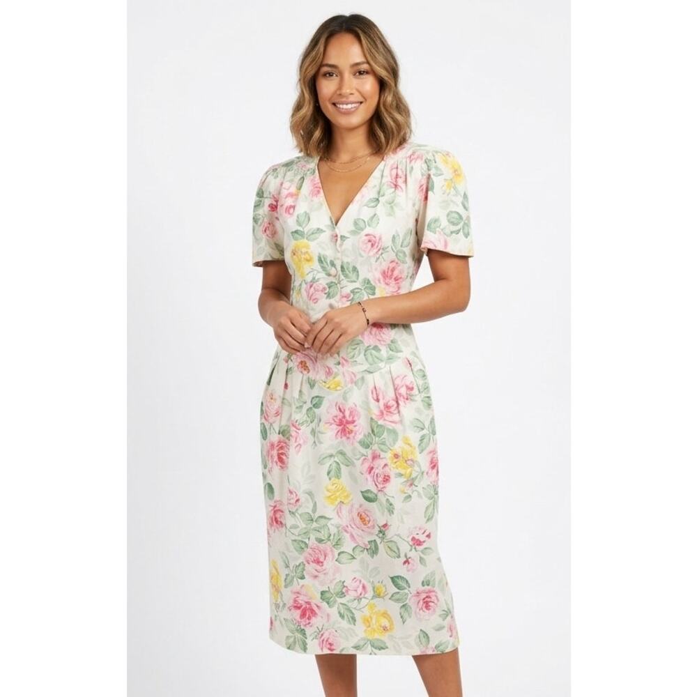 REGINA KRAVIT Z Women's Vintage Midi Floral Dress Medium Cotton Summer Pleated